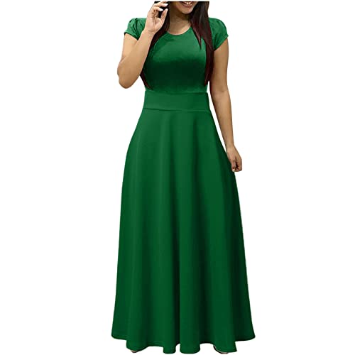 Damen Sommerkleid KurzäRmeliges Maxi Strandkleid Rundhalsausschnitt Skinny Taille GroßEr Rock Swing Kleid Bunte Floral Bedrucktes Langes Kleid Freizeitkleid Ballkleid Frauen MäDchen Umstandskleider von tsaChick