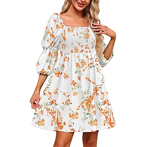 Damen Sommerkleid Kurzarm A-Linie Kleid 3/4 äRmel Viereckiger Ausschnitt Hohe Taille Bubble Sleeve Freizeitkleider Strandkleider Minikleider Frauen MäDchen Umstandskleider Casual Babydoll Kleid von tsaChick