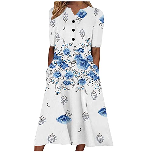 Damen Sommerkleid Kurzarm A-Linien Kleid Taschen S-3XL Halbe äRmel Rundhalsausschnitt Knopf VerschöNert V-Ausschnitt Blumendruck Freizeitkleid Langes Kleid Strandkleid Frauen Umstandskleider von tsaChick