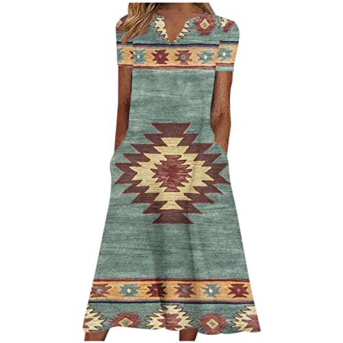 Damen Sommerkleid Kurzarm Druck Freizeitkleid Mit Taschen S-3XL V-Ausschnitt Lose A-Linien Kleid Wadenlang Maxikleid Strandkleid Marmoriertes Muster Vintage-Muster Floraler Druck VerfüGbar Frauen von tsaChick