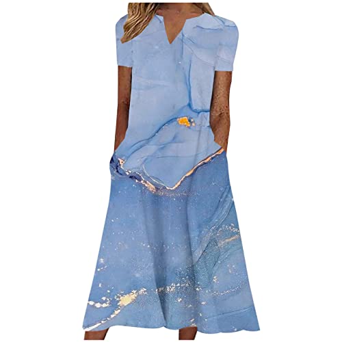 Damen Sommerkleid Kurzarm Druck Freizeitkleid Mit Taschen S-3XL V-Ausschnitt Lose A-Linien Kleid Wadenlang Maxikleid Strandkleid Marmoriertes Muster Vintage-Muster Floraler Druck VerfüGbar Frauen von tsaChick