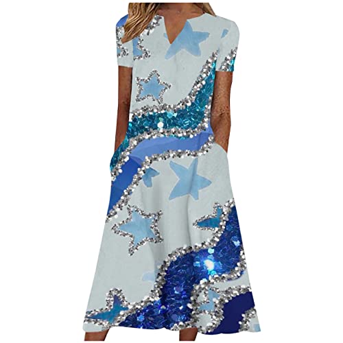 Damen Sommerkleid Kurzarm Druck Freizeitkleid Mit Taschen S-3XL V-Ausschnitt Lose A-Linien Kleid Wadenlang Maxikleid Strandkleid Marmoriertes Muster Vintage-Muster Floraler Druck VerfüGbar Frauen von tsaChick