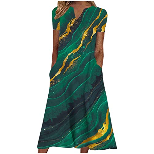 Damen Sommerkleid Kurzarm Druck Freizeitkleid Mit Taschen S-3XL V-Ausschnitt Lose A-Linien Kleid Wadenlang Maxikleid Strandkleid Marmoriertes Muster Vintage-Muster Floraler Druck VerfüGbar Frauen von tsaChick