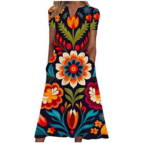 Damen Sommerkleid Kurzarm Druck Freizeitkleid Mit Taschen S-3XL V-Ausschnitt Lose A-Linien Kleid Wadenlang Maxikleid Strandkleid Marmoriertes Muster Vintage-Muster Floraler Druck VerfüGbar Frauen von tsaChick