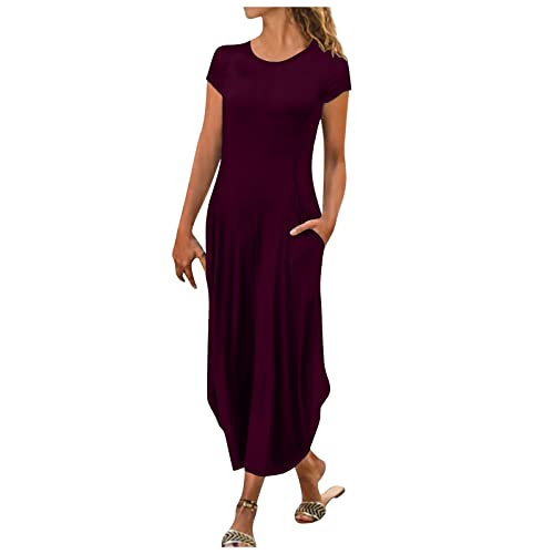 Damen Sommerkleid Kurze äRmel Freizeitkleid Mit Taschen S-3XL Rundhalsausschnitt LäSsiges Langes Kleid Solide Holiday Streetwear WadenläNge Strandkleid Frauen MäDchen Umstandskleider von tsaChick