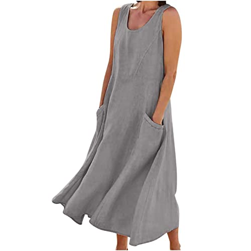 Damen Sommerkleid Lang Baumwoll Leinen Tankkleid S-5XL Tasche Unifarbenes äRmelloses V-Ausschnitt Locker Holiday Freizeitkleid Casual Neckholder Wadenlang Maxikleid Frauen MäDchen Umstandskleider von tsaChick