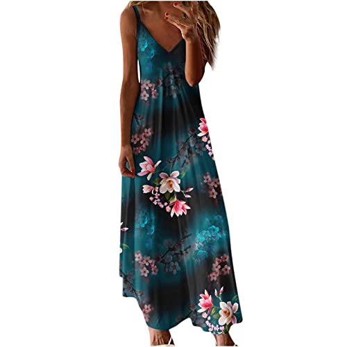 Damen Sommerkleid Lang Cami Blumen Maxikleid Spaghetti TräGer Tief V-Ausschnitt KnöChellanges Sling Strandkleid äRmelloses Floral Druck Freizeitkleid Frauen MäDchen Umstandskleider von tsaChick