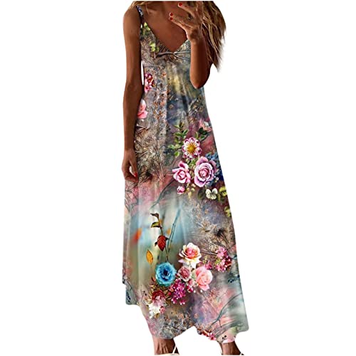 Damen Sommerkleid Lang Cami Blumen Maxikleid Spaghetti TräGer Tief V-Ausschnitt KnöChellanges Sling Strandkleid äRmelloses Floral Druck Freizeitkleid Frauen MäDchen Umstandskleider von tsaChick