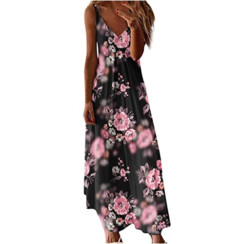 Damen Sommerkleid Lang Cami Blumen Maxikleid Spaghetti TräGer Tief V-Ausschnitt KnöChellanges Sling Strandkleid äRmelloses Floral Druck Freizeitkleid Frauen MäDchen Umstandskleider von tsaChick