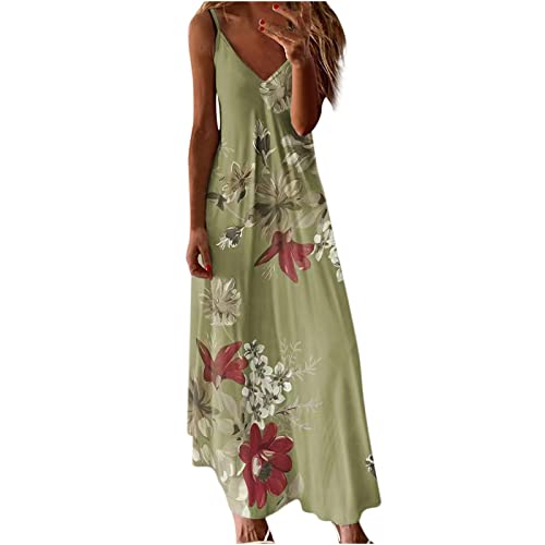 Damen Sommerkleid Lang Cami Blumen Maxikleid Spaghetti TräGer Tief V-Ausschnitt KnöChellanges Sling Strandkleid äRmelloses Floral Druck Freizeitkleid Frauen MäDchen Umstandskleider von tsaChick