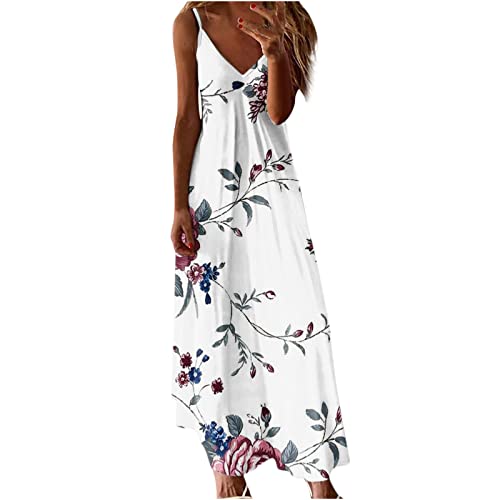 Damen Sommerkleid Lang Cami Blumen Maxikleid Spaghetti TräGer Tief V-Ausschnitt KnöChellanges Sling Strandkleid äRmelloses Floral Druck Freizeitkleid Frauen MäDchen Umstandskleider von tsaChick