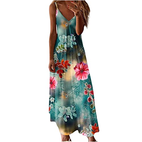 Damen Sommerkleid Lang Cami Blumen Maxikleid Spaghetti TräGer Tief V-Ausschnitt KnöChellanges Sling Strandkleid äRmelloses Floral Druck Freizeitkleid Frauen MäDchen Umstandskleider von tsaChick