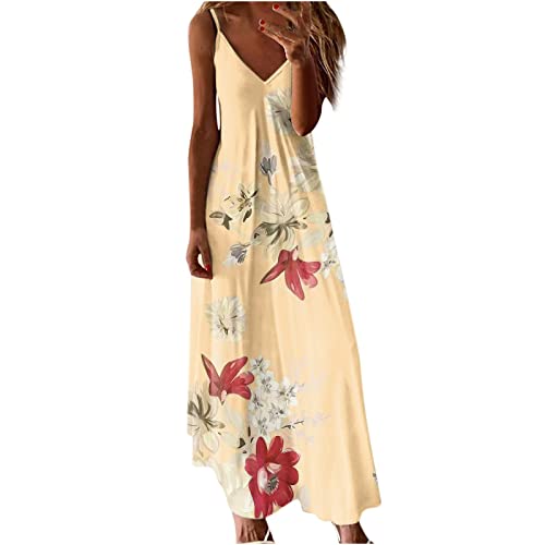 Damen Sommerkleid Lang Cami Blumen Maxikleid Spaghetti TräGer Tief V-Ausschnitt KnöChellanges Sling Strandkleid äRmelloses Floral Druck Freizeitkleid Frauen MäDchen Umstandskleider von tsaChick