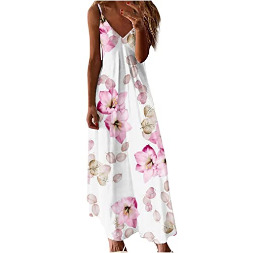 Damen Sommerkleid Lang Cami Blumen Maxikleid Spaghetti TräGer Tief V-Ausschnitt KnöChellanges Sling Strandkleid äRmelloses Floral Druck Freizeitkleid Frauen MäDchen Umstandskleider von tsaChick