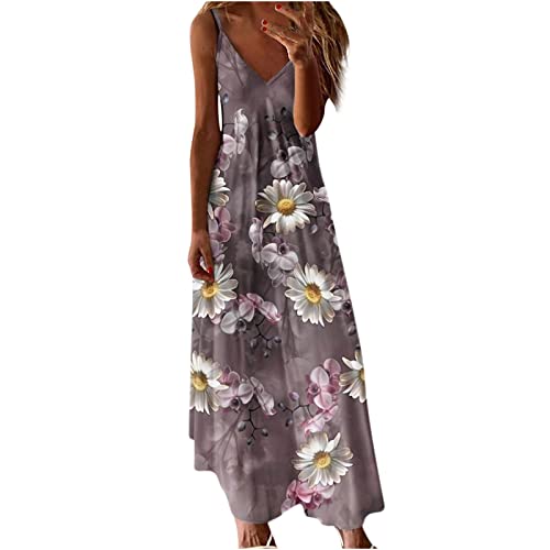 Damen Sommerkleid Lang Cami Blumen Maxikleid Spaghetti TräGer Tief V-Ausschnitt KnöChellanges Sling Strandkleid äRmelloses Floral Druck Freizeitkleid Frauen MäDchen Umstandskleider von tsaChick