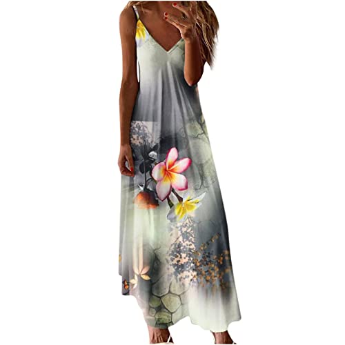 Damen Sommerkleid Lang Cami Blumen Maxikleid Spaghetti TräGer Tief V-Ausschnitt KnöChellanges Sling Strandkleid äRmelloses Floral Druck Freizeitkleid Frauen MäDchen Umstandskleider von tsaChick