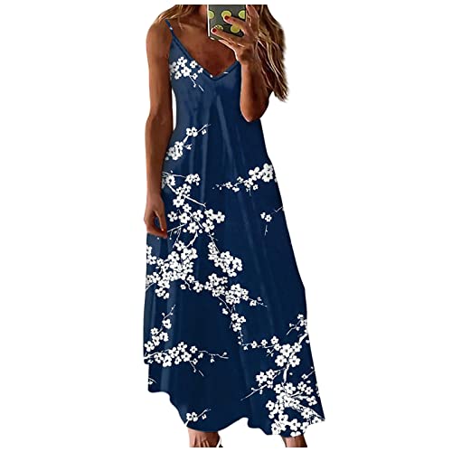 Damen Sommerkleid Lang Camisole Blumen Maxikleid äRmelloses Spaghetti TräGer Bedruckt Strandkleid Casual Holiday Beach Sun KnöChellang Sling Neckholder Freizeitkleid Frauen MäDchen Umstandskleider von tsaChick