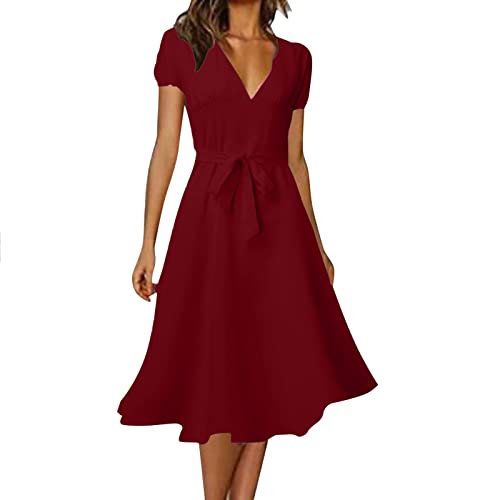 Damen Sommerkleid Lang Elegantes Partykleid Kurzarm V-Ausschnitt GüRtel DüNne Taille Swing Kleid Solide Casual Freizeitkleid Blumendruck Federdruck Strandkleid Frauen MäDchen Umstandskleider von tsaChick