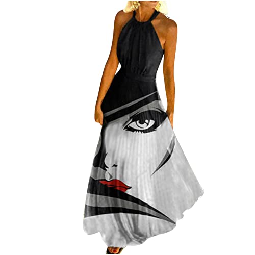 Damen Sommerkleid Lang Halter Druck Strandkleid äRmelloses RüCkenfreies Comic Stil Allover Minimalistischer Druck Boho Kleid Sexy Ohne Arm Schlanke Taille KnöChellang Cami Maxikleid Frauen MäDchen von tsaChick