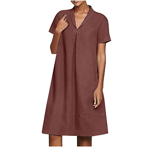 Damen Sommerkleid Lang Knielanges Baumwolle Leinen Kleid KurzäRmeliges V-Ausschnitt Lose A-Linie Kleid Midikleid Einfarbig Revers Casual Holiday Freizeitkleid Frauen MäDchen Umstandskleider von tsaChick