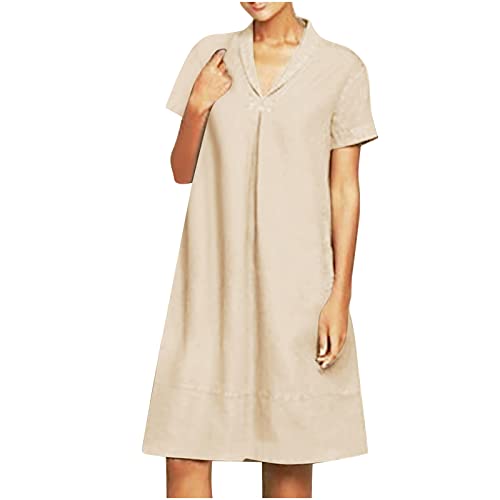 Damen Sommerkleid Lang Knielanges Baumwolle Leinen Kleid KurzäRmeliges V-Ausschnitt Lose A-Linie Kleid Midikleid Einfarbig Revers Casual Holiday Freizeitkleid Frauen MäDchen Umstandskleider von tsaChick