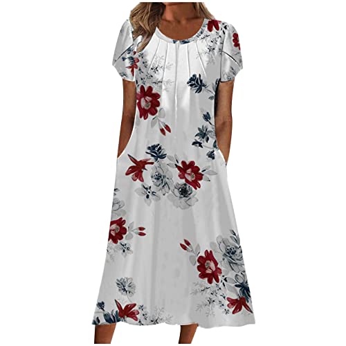 Damen Sommerkleid Lang Kurzarm Blumenkleid M-5XL Taschen Lose Rundhalsausschnitt LäSsig Urlaub A-Linie Kleid Schmetterlings Florals Druck Wadenlang Strandkleid Frauen MäDchen Umstandskleider von tsaChick