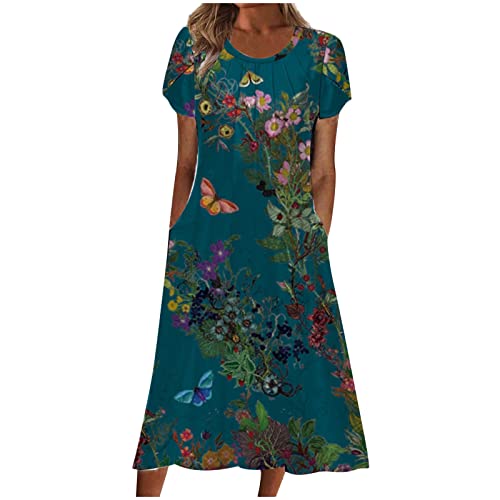 Damen Sommerkleid Lang Kurzarm Blumenkleid M-5XL Taschen Lose Rundhalsausschnitt LäSsig Urlaub A-Linie Kleid Schmetterlings Florals Druck Wadenlang Strandkleid Frauen MäDchen Umstandskleider von tsaChick