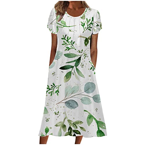 Damen Sommerkleid Lang Kurzarm Blumenkleid M-5XL Taschen Lose Rundhalsausschnitt LäSsig Urlaub A-Linie Kleid Schmetterlings Florals Druck Wadenlang Strandkleid Frauen MäDchen Umstandskleider von tsaChick