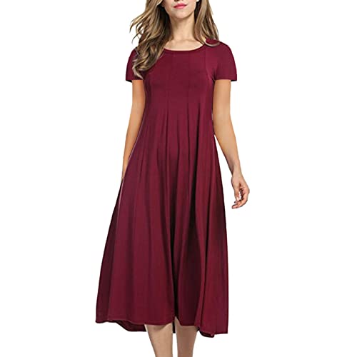 Damen Sommerkleid Lang Kurzarm Wadenlanges Freizeitkleid Solide Rundhalsausschnitt Plissee Casual Holiday A-Linie Kleid Einfarbig Lose Strandkleid Frauen MäDchen Umstandskleider von tsaChick