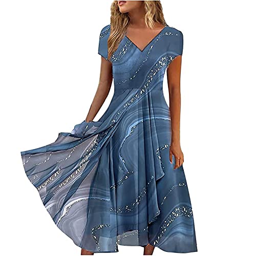 Damen Sommerkleid Lang Marmoriertes Chiffonkleid S-5XL Holiday Casual Kurzarm V-Ausschnitt Slim Fit Strandkleid UnregelmäßIger Saum Elegantes Wadenlanges Maxikleid Frauen MäDchen Umstandskleider von tsaChick