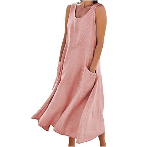 Damen Sommerkleid Lang Plus GrößE 5XL Baumwolle Leinen Kleid Tasche Lockeres äRmelloses Knielanges Freizeitkleid Solide Ohne Arm Maxikleid Frauen MäDchen Umstandskleider Langes Kleid von tsaChick