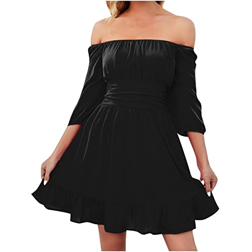 Damen Sommerkleid Lang Solide Enges A-Linien Kleid Halbe äRmel Quadratischer Hals Einfarbiges Minikleid Tragbares LangäRmeliges Off The Shoulder Midikleid Frauen MäDchen Umstandskleider von tsaChick