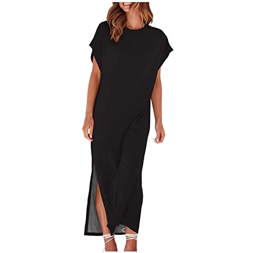 Damen Sommerkleid Lang Solide Freizeitkleid Kurzarm Rundhalsausschnitt Schlitz LäSsiges Casua Holiday Maxikleid Einfarbig Wadenlanges Streetwear Kleider Frauen MäDchen Umstandskleider von tsaChick