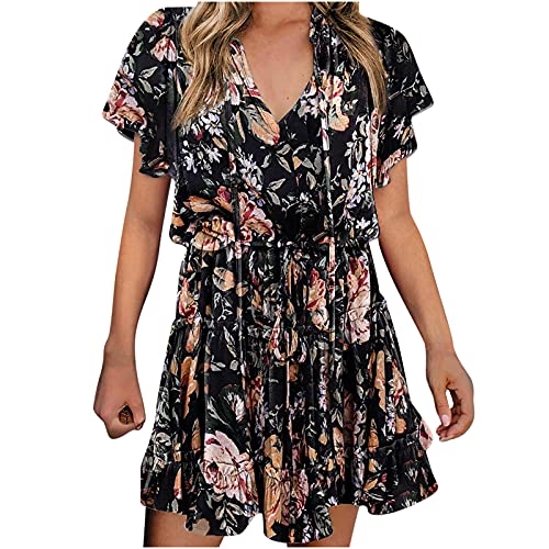 Damen Sommerkleid Lang Tief Ausgeschnittenes Blumenkleid Kurzarm Tiefem V-Ausschnitt Sexy Floral Druck Strandkleid Lose Knielang LäSsig Holiday Midikleid Freizeitkleid Frauen MäDchen Umstandskleider von tsaChick