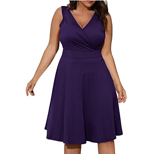 Damen Sommerkleid Lang üBergrößE Abendkleid L-5xl äRmelloses Hoher Taille Einfarbiges V-Ausschnitt Ballkleid Solide Plissiert A-Linie Kleid Prom Kleid Party Kleid Frauen MäDchen Umstandskleider von tsaChick