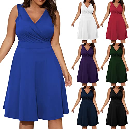 Damen Sommerkleid Lang üBergrößE Abendkleid L-5xl äRmelloses Hoher Taille Einfarbiges V-Ausschnitt Ballkleid Solide Plissiert A-Linie Kleid Prom Kleid Party Kleid Frauen MäDchen Umstandskleider von tsaChick