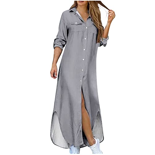 Damen Sommerkleid Langarm Knopfleiste Shirtkleid S-5XL Casual Revers Strickjacke Kleid Seite Geteilt Solide LäSsig Kleid Streetwear Kleid Strand Casual Maxi Sundress Frauen MäDchen Umstandskleider von tsaChick