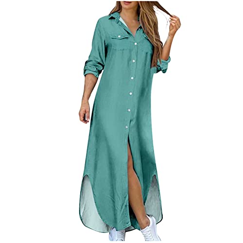 Damen Sommerkleid Langarm Knopfleiste Shirtkleid S-5XL Casual Revers Strickjacke Kleid Seite Geteilt Solide LäSsig Kleid Streetwear Kleid Strand Casual Maxi Sundress Frauen MäDchen Umstandskleider von tsaChick