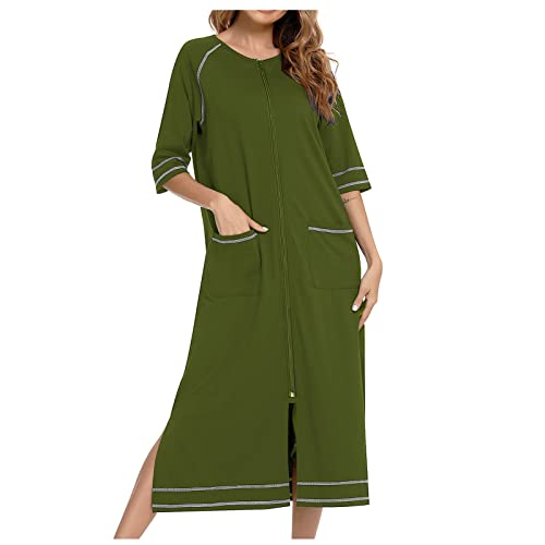 Damen Sommerkleid Langarm Leinen Maxikleid Mit Taschen S-3XL 3/4 äRmel Rundhalsausschnitt Locker KnöChellang Freizeitkleider Lange Kleider Solide Baumwolle Leinen Strandkleider Sonnenkleid Frauen von tsaChick