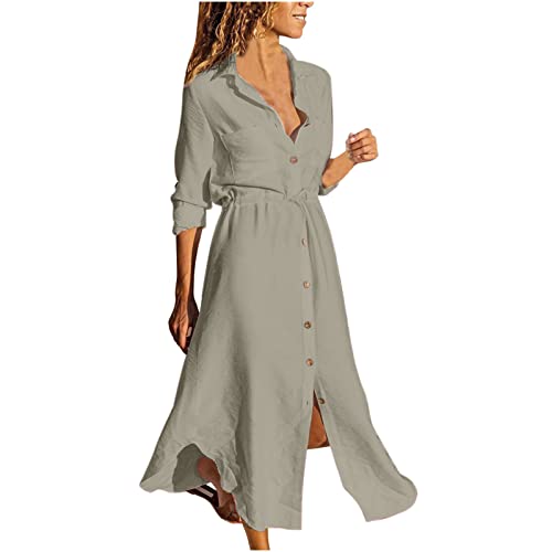 Damen Sommerkleid Langarm Shirtkleid S-5XL 3/4 äRmel Klassisch Revers Knopf V-Ausschnitt UnregelmäßIger Saum Einfarbig Baumwolle Leinen Maxikleid Strandkleid Freizeitkleid MäDchen Umstandskleider von tsaChick