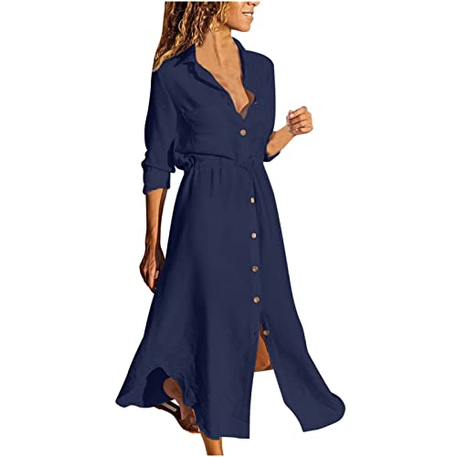 Damen Sommerkleid Langarm Shirtkleid S-5XL 3/4 äRmel Klassisch Revers Knopf V-Ausschnitt UnregelmäßIger Saum Einfarbig Baumwolle Leinen Maxikleid Strandkleid Freizeitkleid MäDchen Umstandskleider von tsaChick