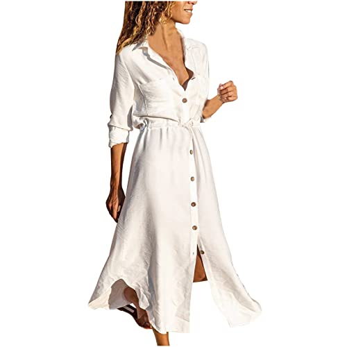 Damen Sommerkleid Langarm Shirtkleid S-5XL 3/4 äRmel Klassisch Revers Knopf V-Ausschnitt UnregelmäßIger Saum Einfarbig Baumwolle Leinen Maxikleid Strandkleid Freizeitkleid MäDchen Umstandskleider von tsaChick