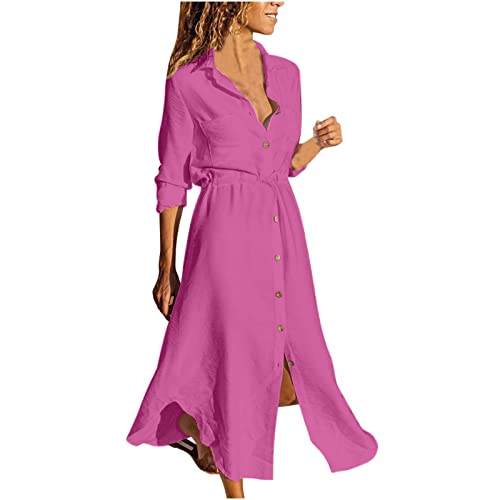 Damen Sommerkleid Langarm Shirtkleid S-5XL 3/4 äRmel Klassisch Revers Knopf V-Ausschnitt UnregelmäßIger Saum Einfarbig Baumwolle Leinen Maxikleid Strandkleid Freizeitkleid MäDchen Umstandskleider von tsaChick