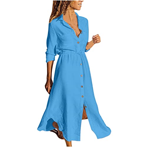 Damen Sommerkleid Langarm Shirtkleid S-5XL 3/4 äRmel Klassisch Revers Knopf V-Ausschnitt UnregelmäßIger Saum Einfarbig Baumwolle Leinen Maxikleid Strandkleid Freizeitkleid MäDchen Umstandskleider von tsaChick