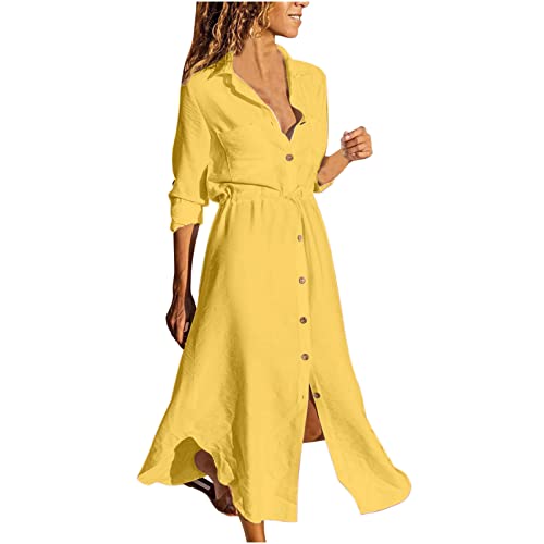 Damen Sommerkleid Langarm Shirtkleid S-5XL 3/4 äRmel Klassisch Revers Knopf V-Ausschnitt UnregelmäßIger Saum Einfarbig Baumwolle Leinen Maxikleid Strandkleid Freizeitkleid MäDchen Umstandskleider von tsaChick