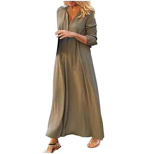 Damen Sommerkleid Lose Hochschulterig Freizeitkleid S-3XL 3/4 äRmel V-Ausschnitt Solide Holiday Casual KnöChellang FrüHlingskleid Hohe Taille Langes Kleid Maxikleid Frauen MäDchen Umstandskleider von tsaChick