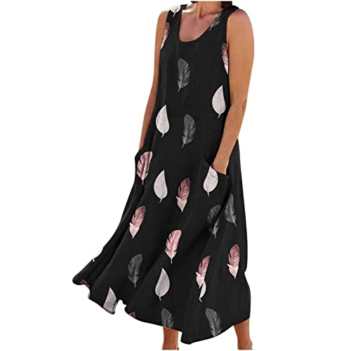 Damen Sommerkleid Lose Leinen Strandkleid S-3XL Taschen äRmelloses Gestreiftes Bedrucktes Maxikleid Blumendruck Freizeitkleid Polka Dot Leopard Feder Druck Wadenlang Kleid Frauen Umstandskleider von tsaChick