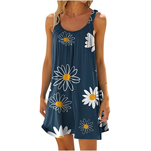 Damen Sommerkleid Neckholder Blumen Minikleid äRmelloses Floral Druck Strandkleid LäSsiges Ohne Arm üBer Dem Knie Liegendes Freizeitkleid Casual Lose Rundhalsausschnitt Kleider Frauen MäDchen von tsaChick