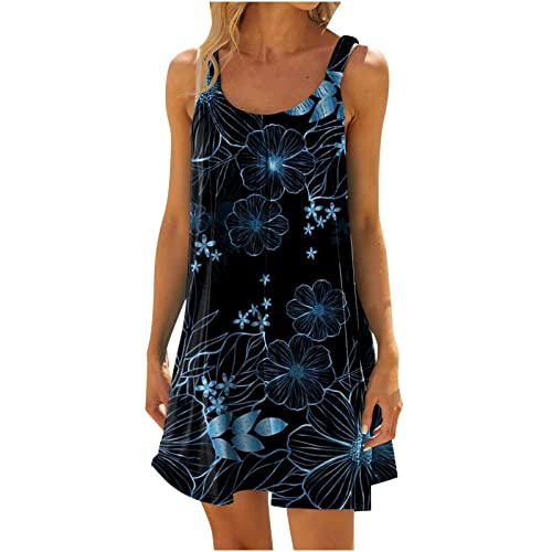 Damen Sommerkleid Neckholder Blumen Minikleid äRmelloses Floral Druck Strandkleid LäSsiges Ohne Arm üBer Dem Knie Liegendes Freizeitkleid Casual Lose Rundhalsausschnitt Kleider Frauen MäDchen von tsaChick