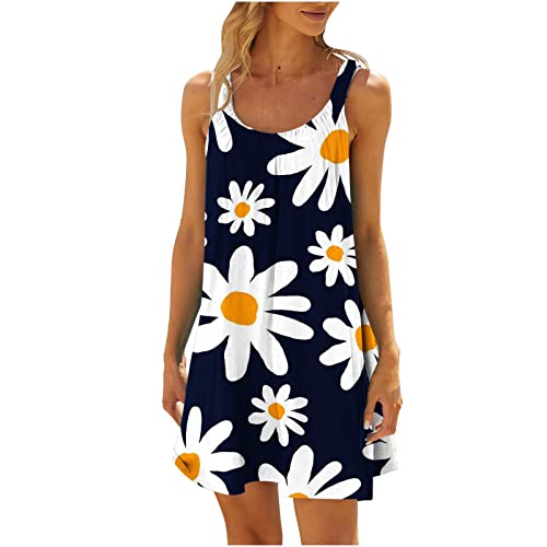 Damen Sommerkleid Neckholder Blumen Minikleid äRmelloses Floral Druck Strandkleid LäSsiges Ohne Arm üBer Dem Knie Liegendes Freizeitkleid Casual Lose Rundhalsausschnitt Kleider Frauen MäDchen von tsaChick